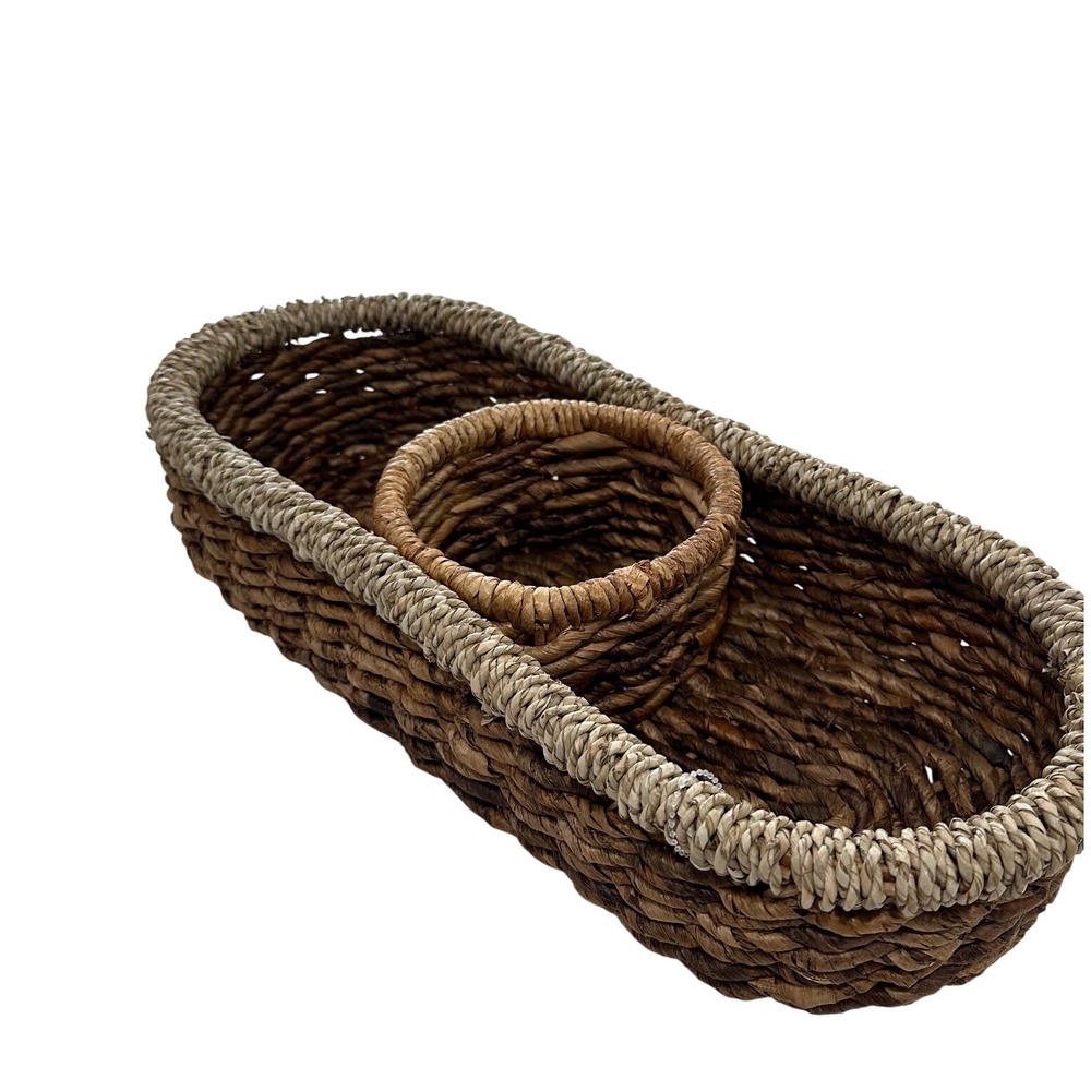 Natural Woven Seagrass Oval Serving Basket with Integrated Round Dip Bowl Holder